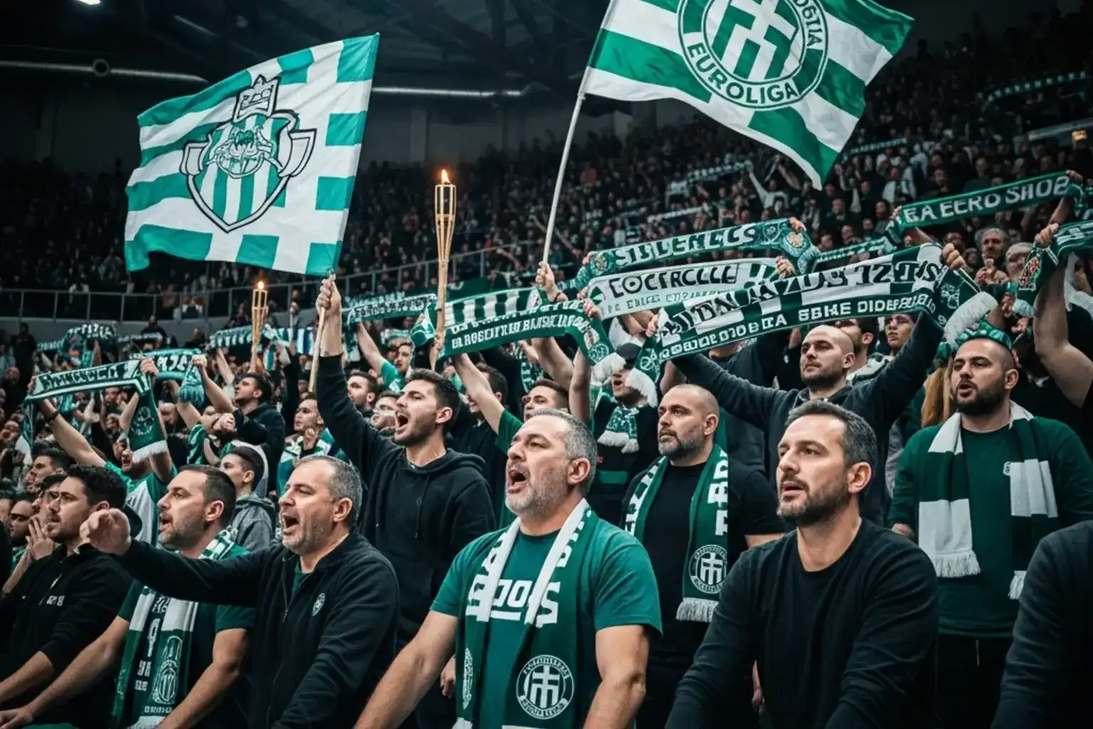 Aficionados griegos celebrando en un partido de Euroliga con pancartas de sus equipos