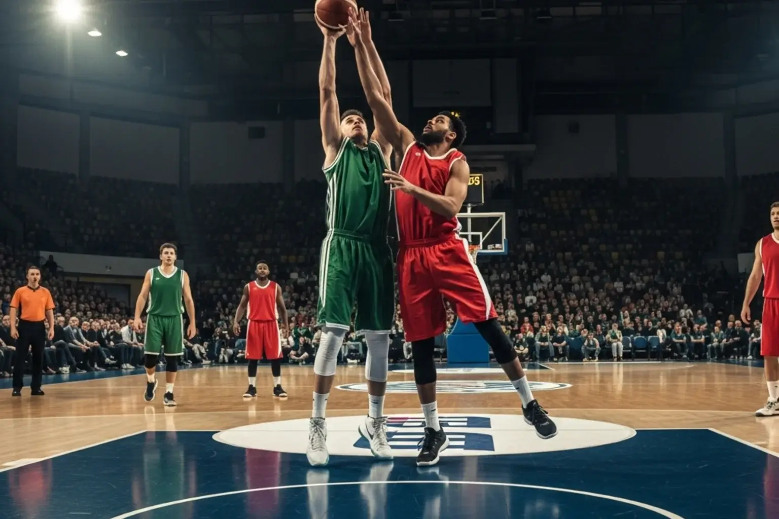 Jugadores de baloncesto europeo disputando un partido de playoffs de Euroliga